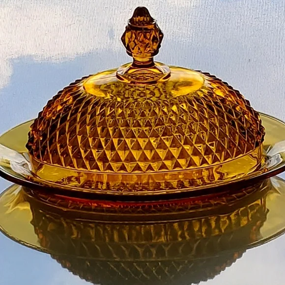 Vntg π"Diamond Point Amber" Lidded Oval Dish by Indiana Glass πΊπΈ - Picture 7 of 8